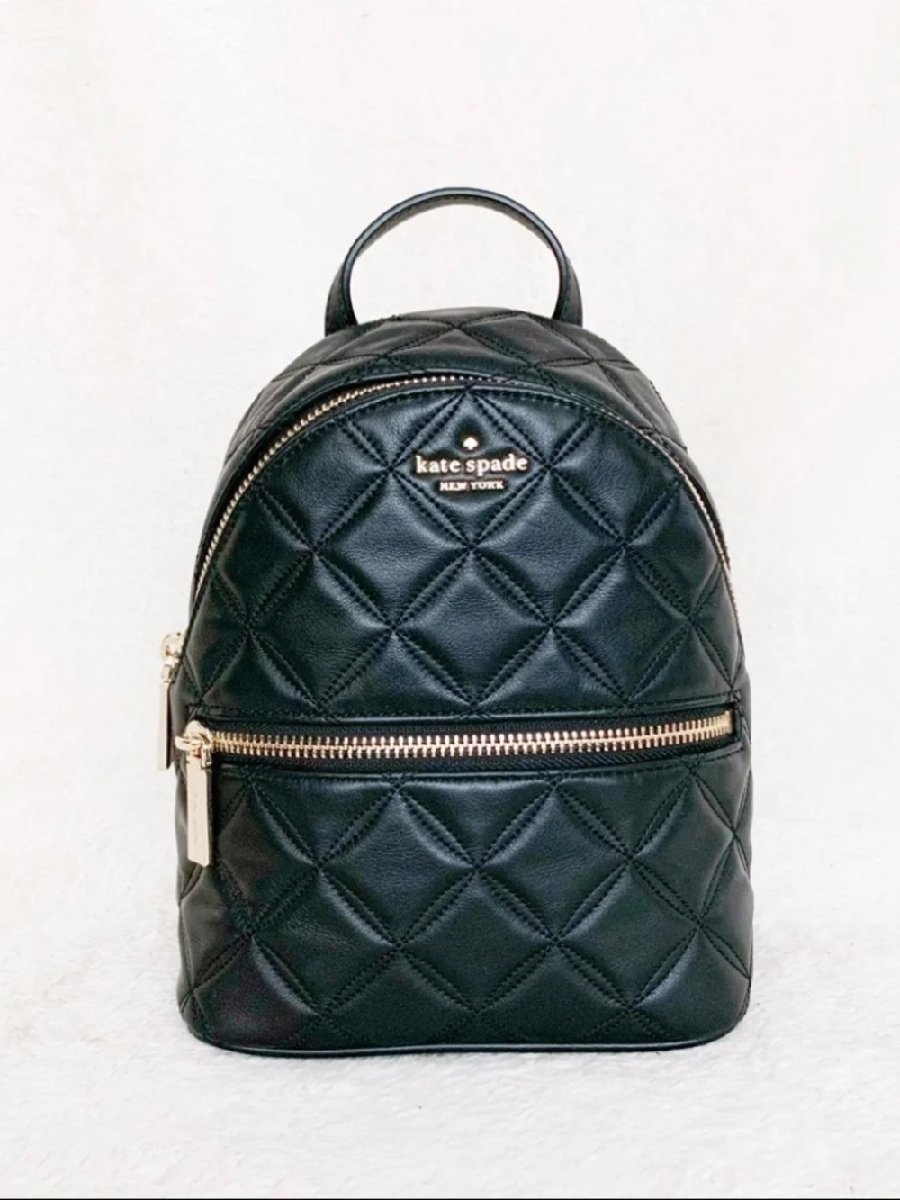kate spade Quilted Black Quilted Leather Mini Backpack with Gold Zippers